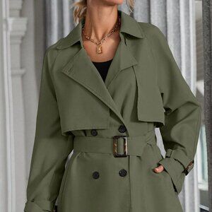 Army Green Casual Women's Raglan Sleeve Double Breasted Belted Trench Coat